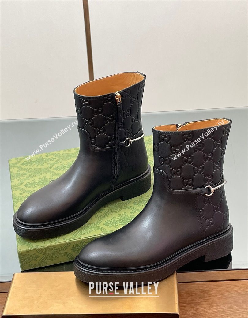 Gucci GG and Leather Flat Ankle Boots with Slim Horsebit Black 2025 805312 (SS-250828155)