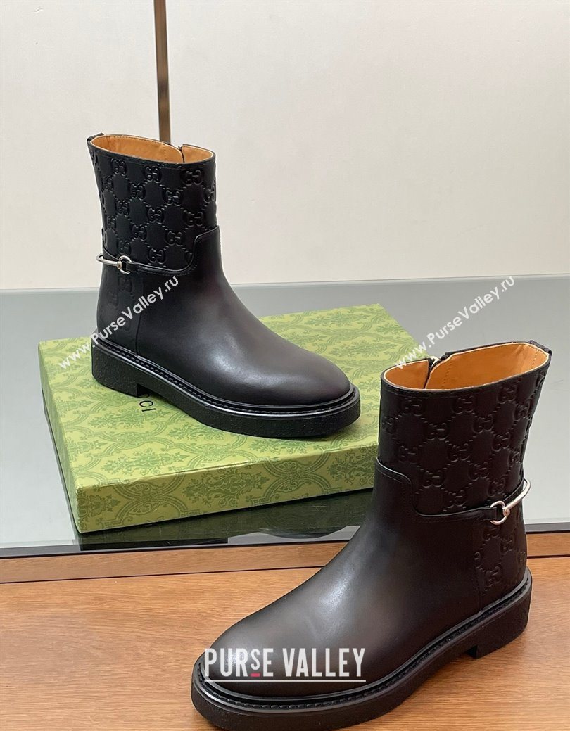 Gucci GG and Leather Flat Ankle Boots with Slim Horsebit Black 2025 805312 (SS-250828155)