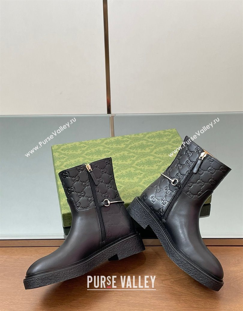 Gucci GG and Leather Flat Ankle Boots with Slim Horsebit Black 2025 805312 (SS-250828155)