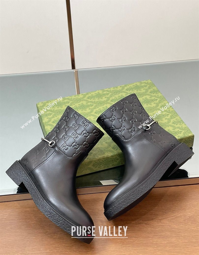 Gucci GG and Leather Flat Ankle Boots with Slim Horsebit Black 2025 805312 (SS-250828155)