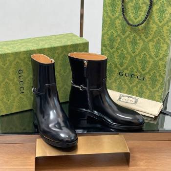 Gucci Shiny Leather Flat Ankle Boots with Slim Horsebit Black 2025 805312 (SS-250828156)