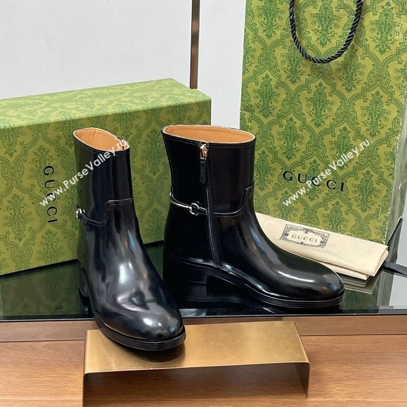 Gucci Shiny Leather Flat Ankle Boots with Slim Horsebit Black 2025 805312 (SS-250828156)