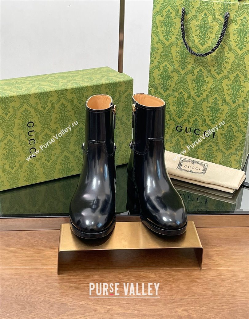 Gucci Shiny Leather Flat Ankle Boots with Slim Horsebit Black 2025 805312 (SS-250828156)