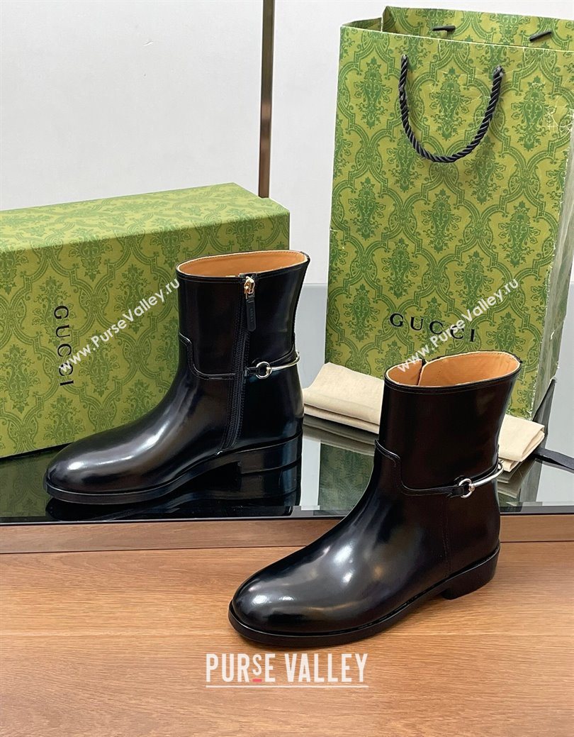 Gucci Shiny Leather Flat Ankle Boots with Slim Horsebit Black 2025 805312 (SS-250828156)