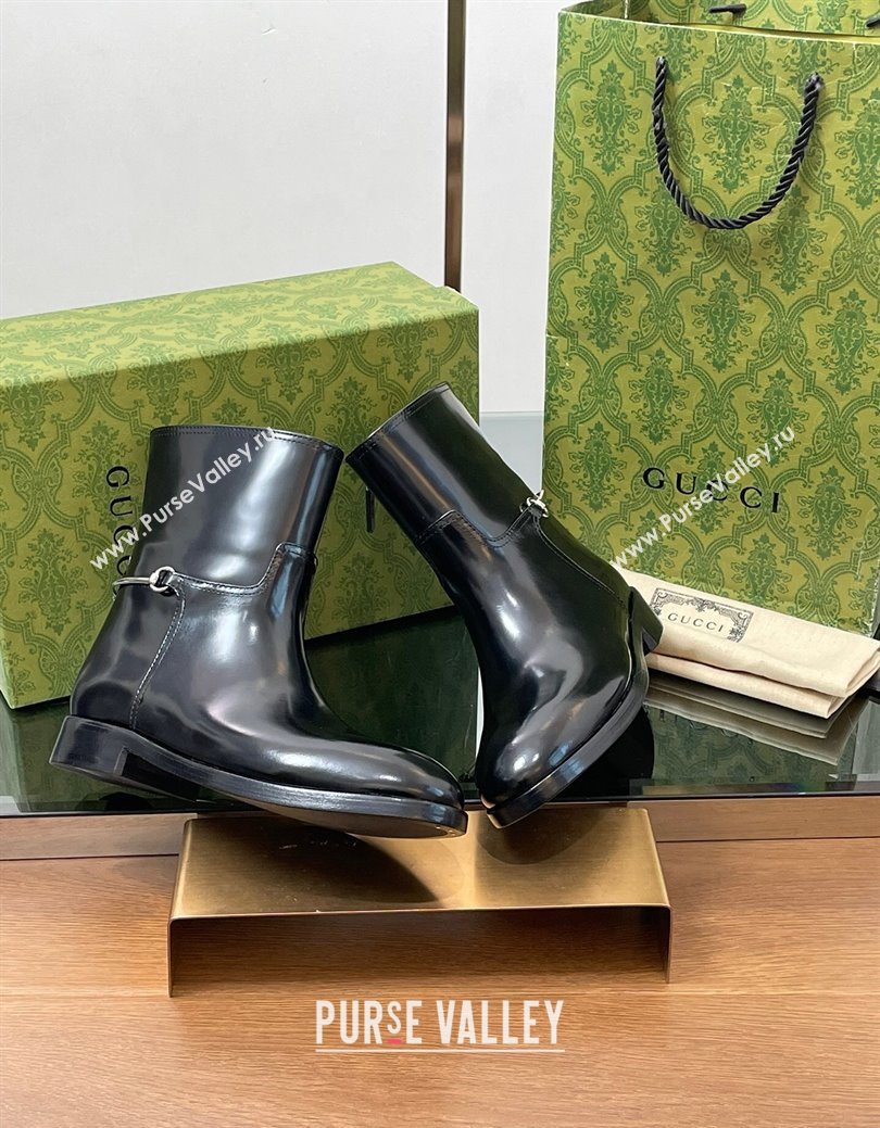 Gucci Shiny Leather Flat Ankle Boots with Slim Horsebit Black 2025 805312 (SS-250828156)
