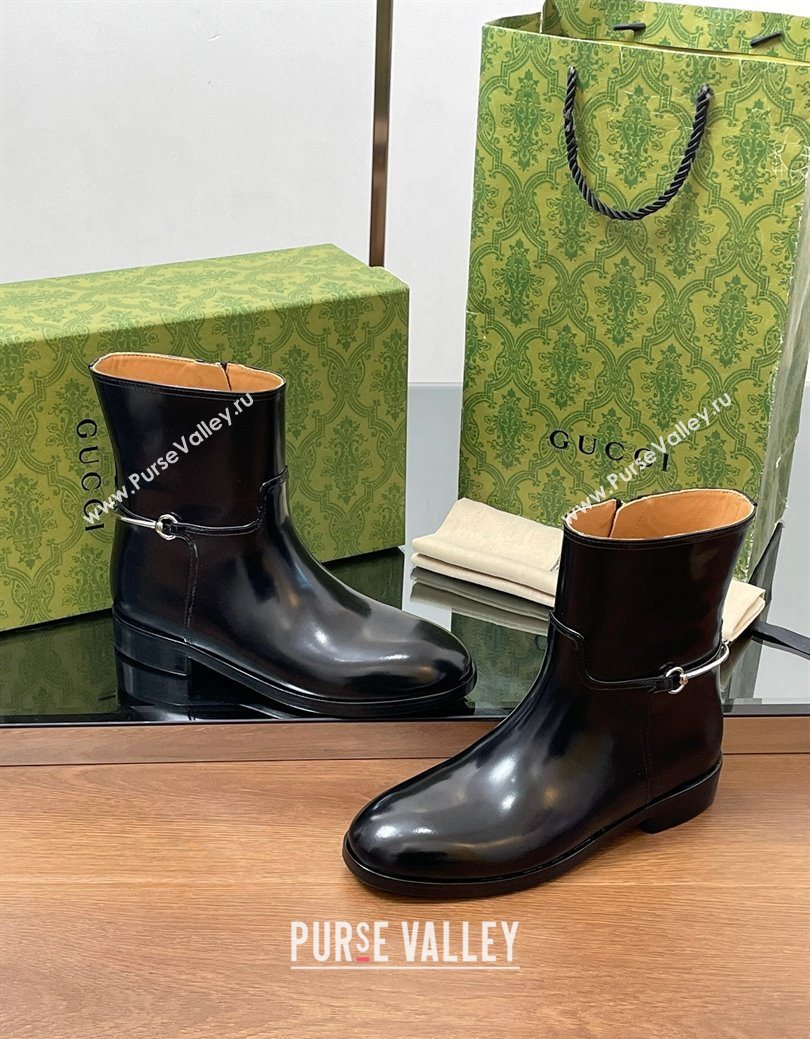 Gucci Shiny Leather Flat Ankle Boots with Slim Horsebit Black 2025 805312 (SS-250828156)