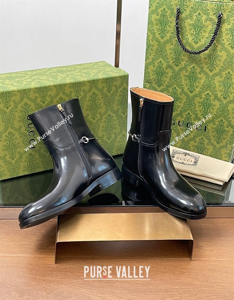 Gucci Shiny Leather Flat Ankle Boots with Slim Horsebit Black 2025 805312 (SS-250828156)