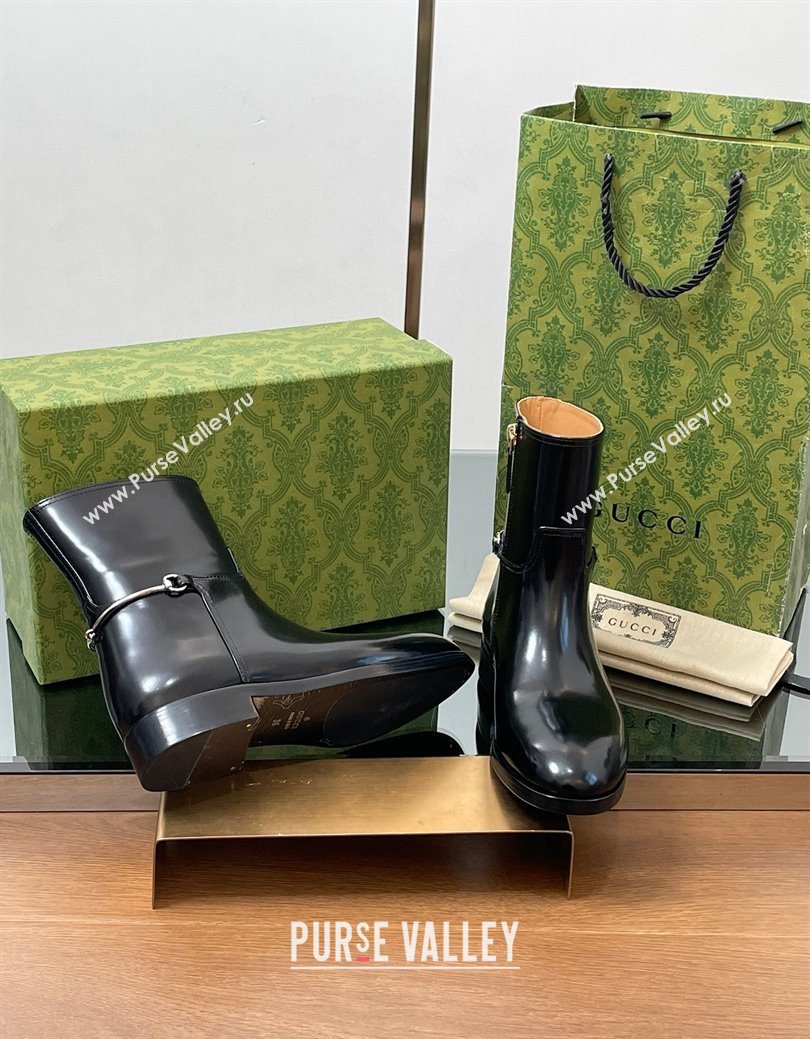 Gucci Shiny Leather Flat Ankle Boots with Slim Horsebit Black 2025 805312 (SS-250828156)