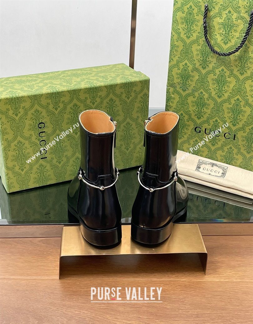 Gucci Shiny Leather Flat Ankle Boots with Slim Horsebit Black 2025 805312 (SS-250828156)