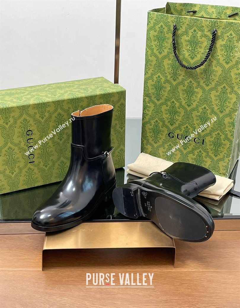 Gucci Shiny Leather Flat Ankle Boots with Slim Horsebit Black 2025 805312 (SS-250828156)