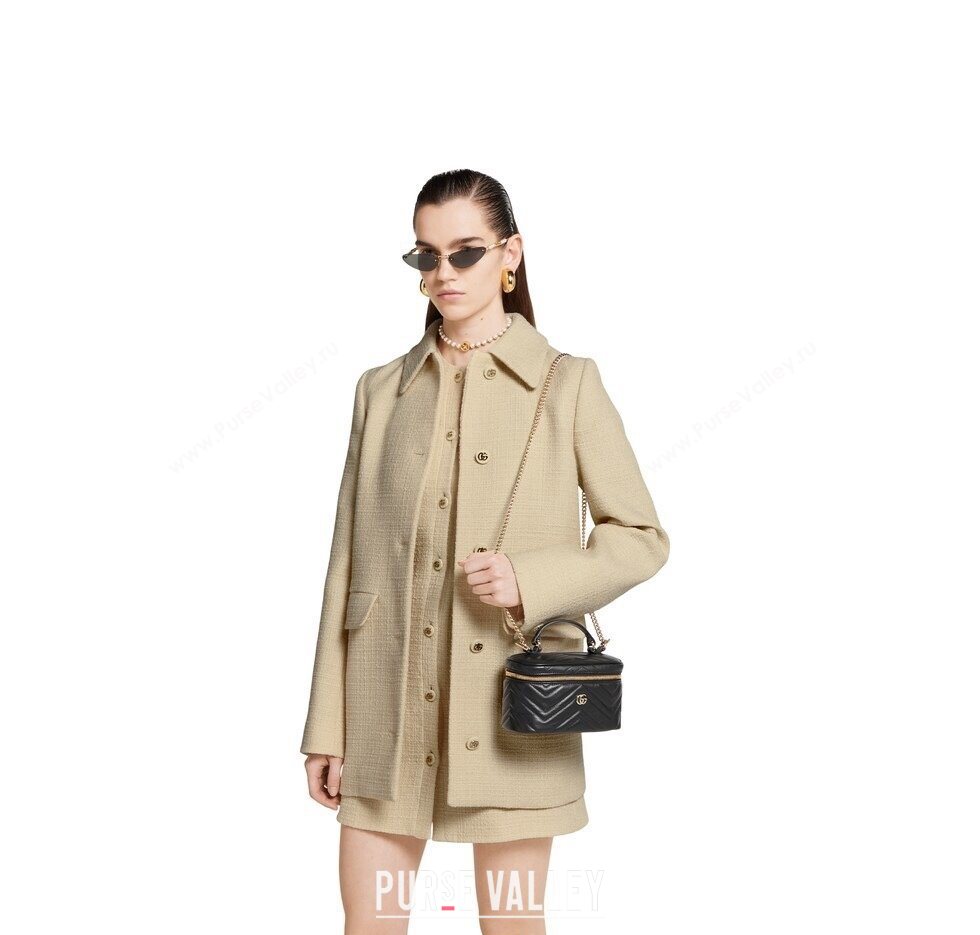 Gucci GG Marmont Mini Vanity Bag in Chevron Leather Black 2025 837454 (DLH-250930033)