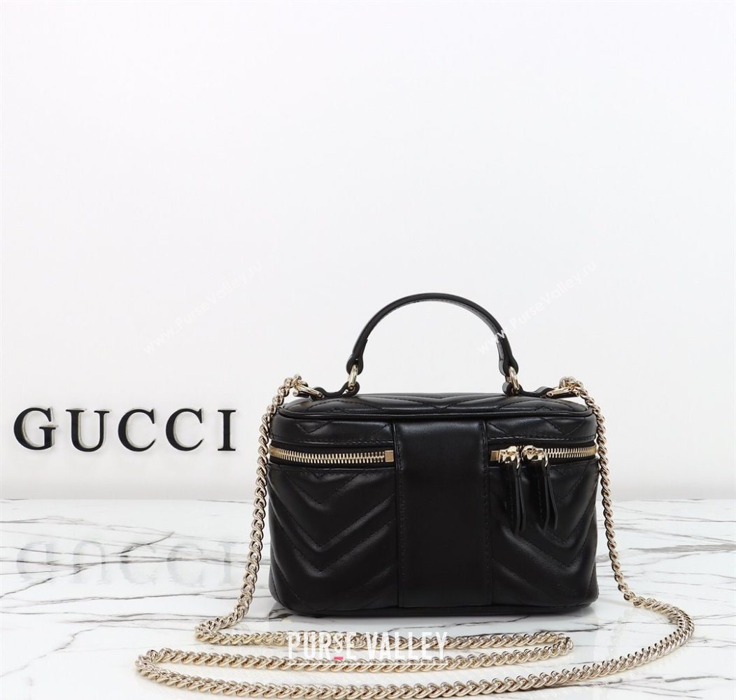 Gucci GG Marmont Mini Vanity Bag in Chevron Leather Black 2025 837454 (DLH-250930033)