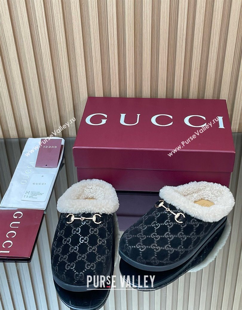 Gucci GG Suede and Wool Flat Mules with Horsebit Black 2025 836057 (MD-251020003)