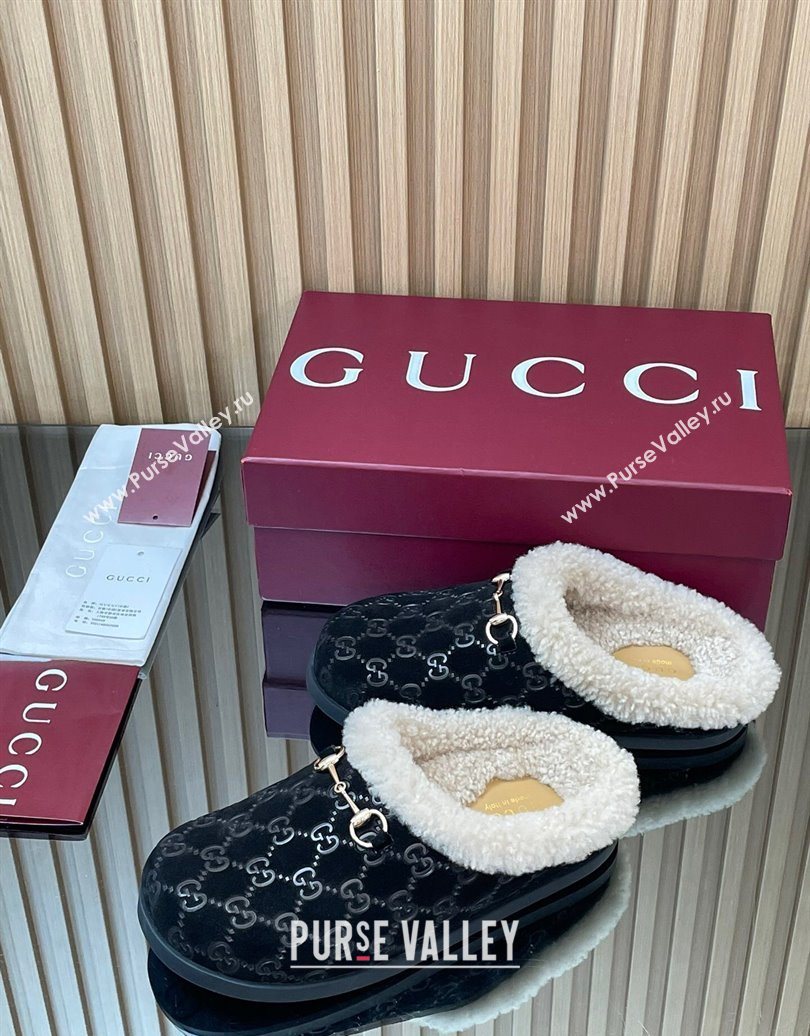 Gucci GG Suede and Wool Flat Mules with Horsebit Black 2025 836057 (MD-251020003)
