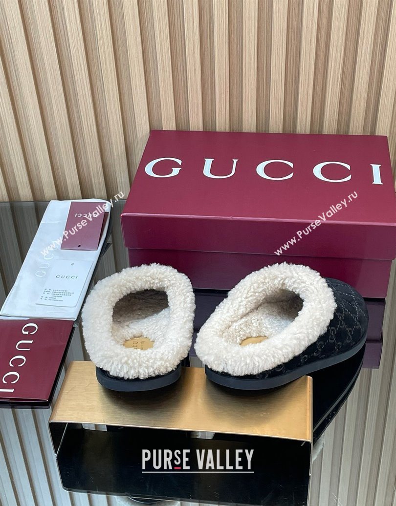 Gucci GG Suede and Wool Flat Mules with Horsebit Black 2025 836057 (MD-251020003)