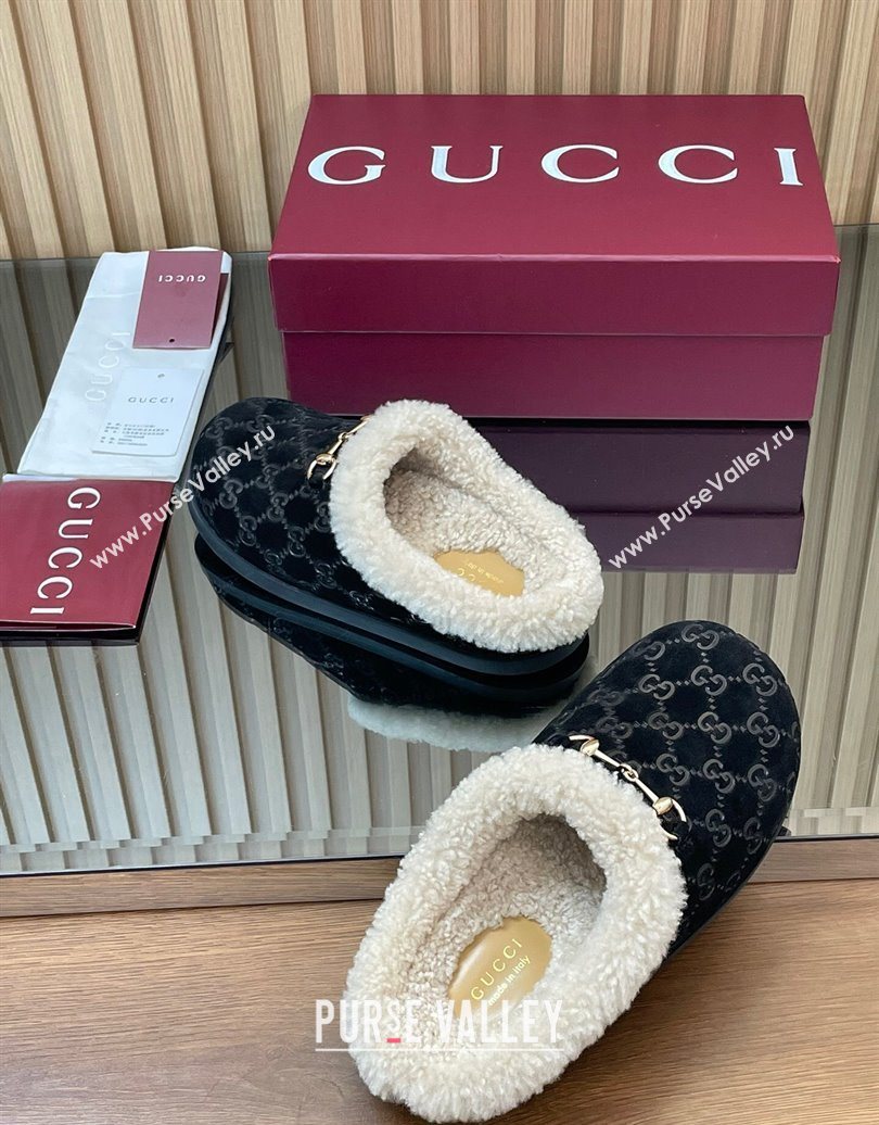Gucci GG Suede and Wool Flat Mules with Horsebit Black 2025 836057 (MD-251020003)