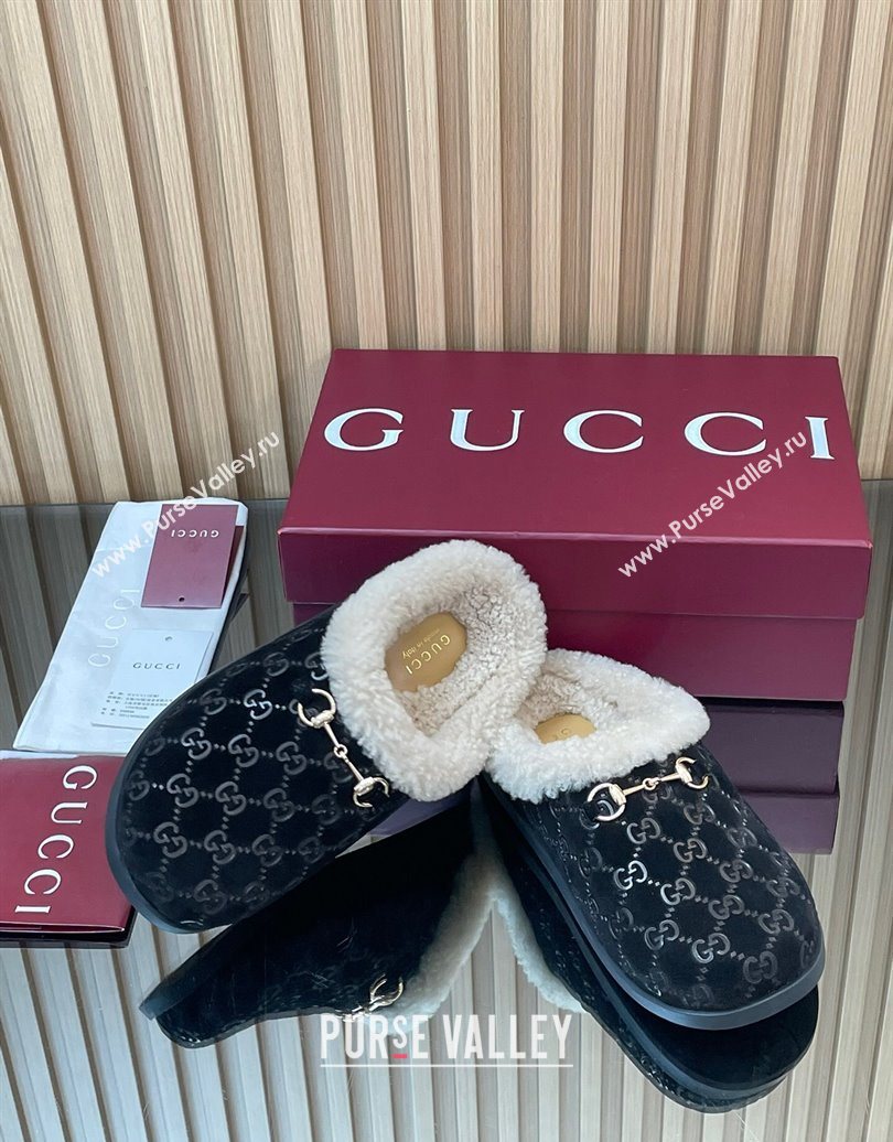 Gucci GG Suede and Wool Flat Mules with Horsebit Black 2025 836057 (MD-251020003)