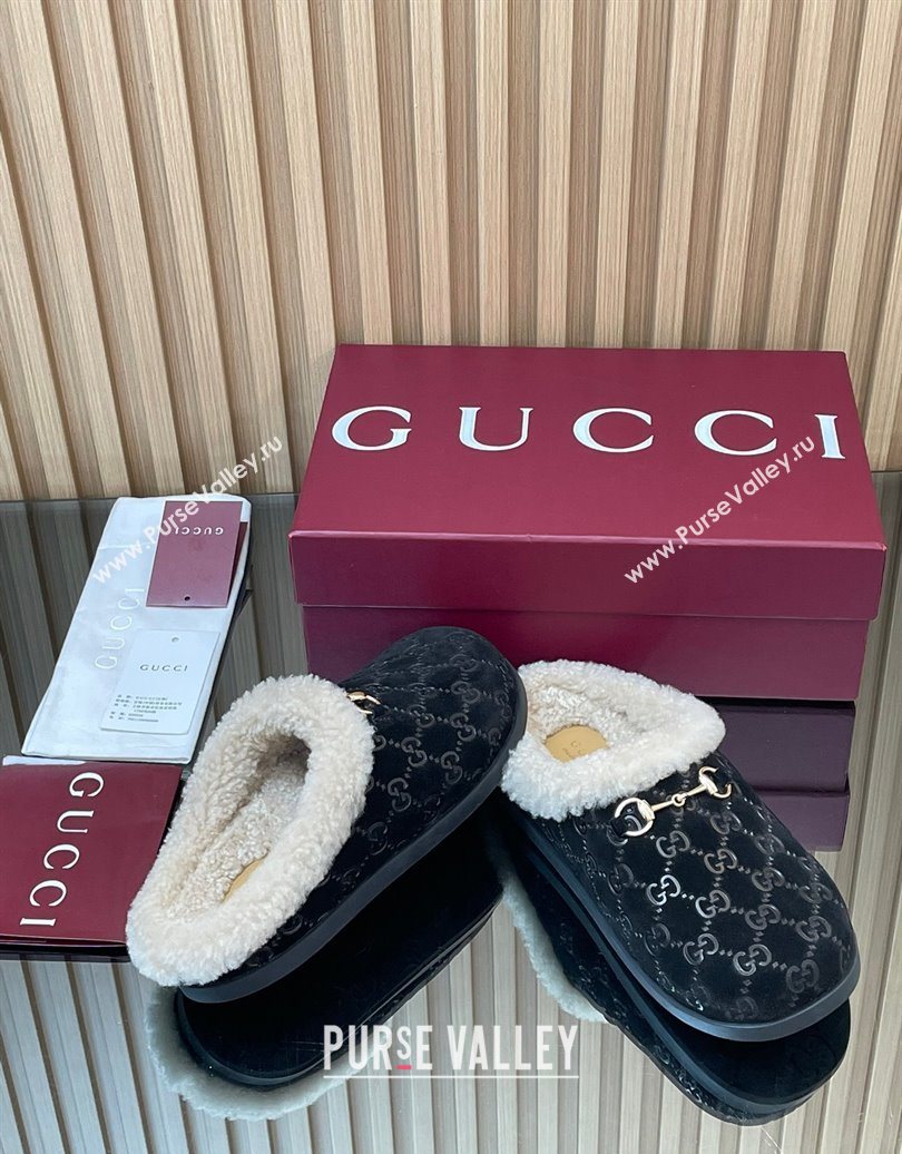 Gucci GG Suede and Wool Flat Mules with Horsebit Black 2025 836057 (MD-251020003)