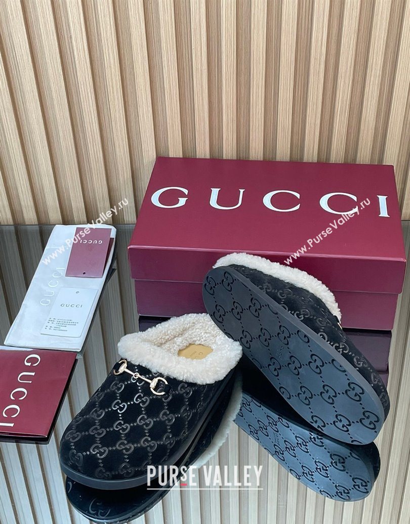 Gucci GG Suede and Wool Flat Mules with Horsebit Black 2025 836057 (MD-251020003)