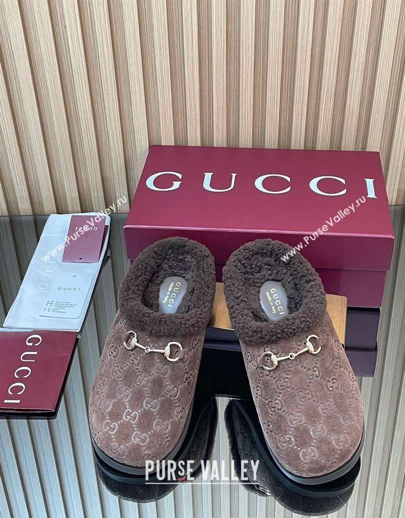 Gucci GG Suede and Wool Flat Mules with Horsebit Dark Brown 2025 836057 (MD-251020004)