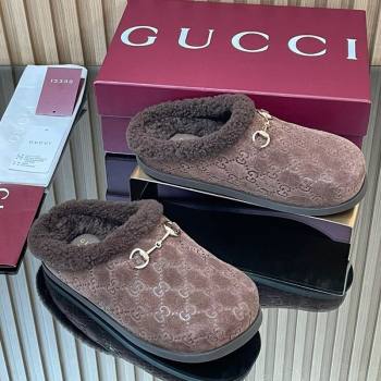 Gucci GG Suede and Wool Flat Mules with Horsebit Dark Brown 2025 836057 (MD-251020004)