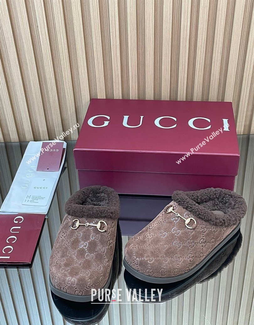 Gucci GG Suede and Wool Flat Mules with Horsebit Dark Brown 2025 836057 (MD-251020004)