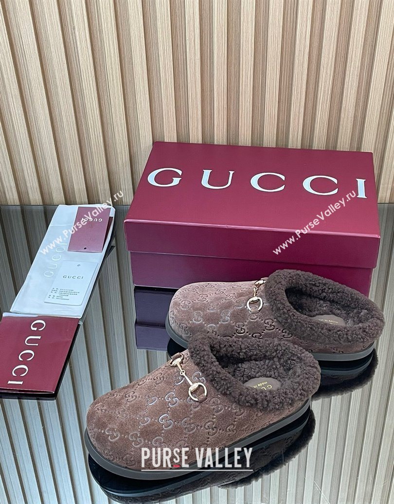 Gucci GG Suede and Wool Flat Mules with Horsebit Dark Brown 2025 836057 (MD-251020004)