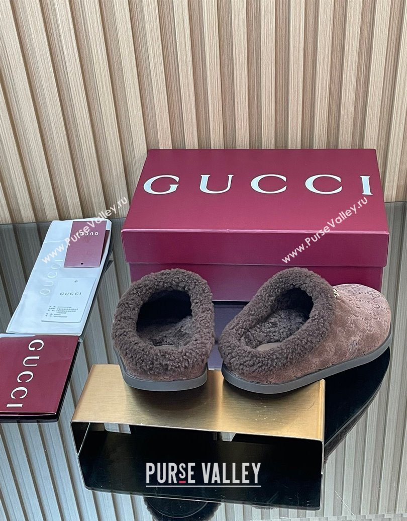 Gucci GG Suede and Wool Flat Mules with Horsebit Dark Brown 2025 836057 (MD-251020004)