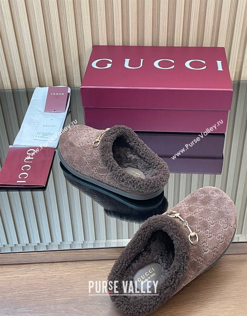 Gucci GG Suede and Wool Flat Mules with Horsebit Dark Brown 2025 836057 (MD-251020004)