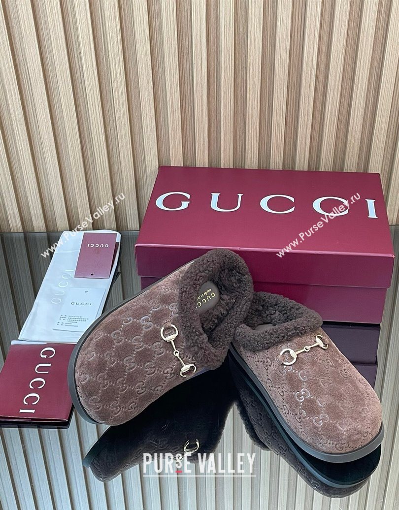 Gucci GG Suede and Wool Flat Mules with Horsebit Dark Brown 2025 836057 (MD-251020004)