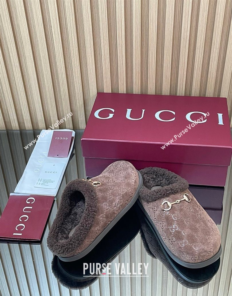 Gucci GG Suede and Wool Flat Mules with Horsebit Dark Brown 2025 836057 (MD-251020004)
