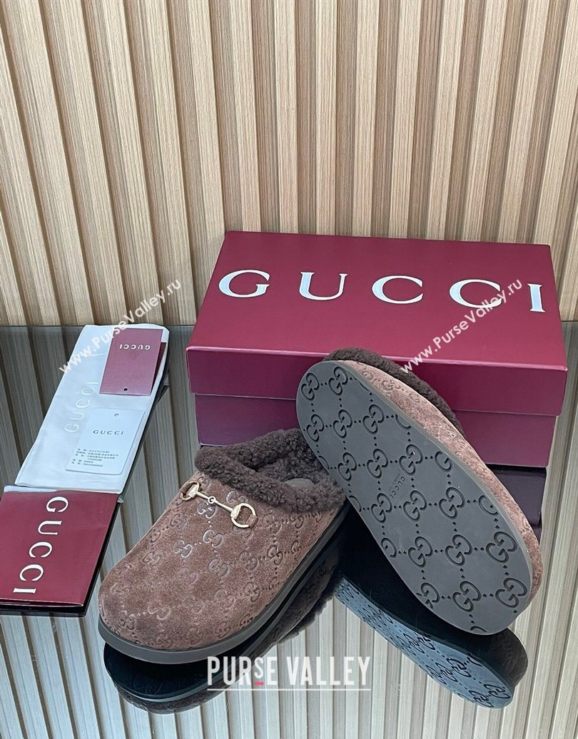 Gucci GG Suede and Wool Flat Mules with Horsebit Dark Brown 2025 836057 (MD-251020004)