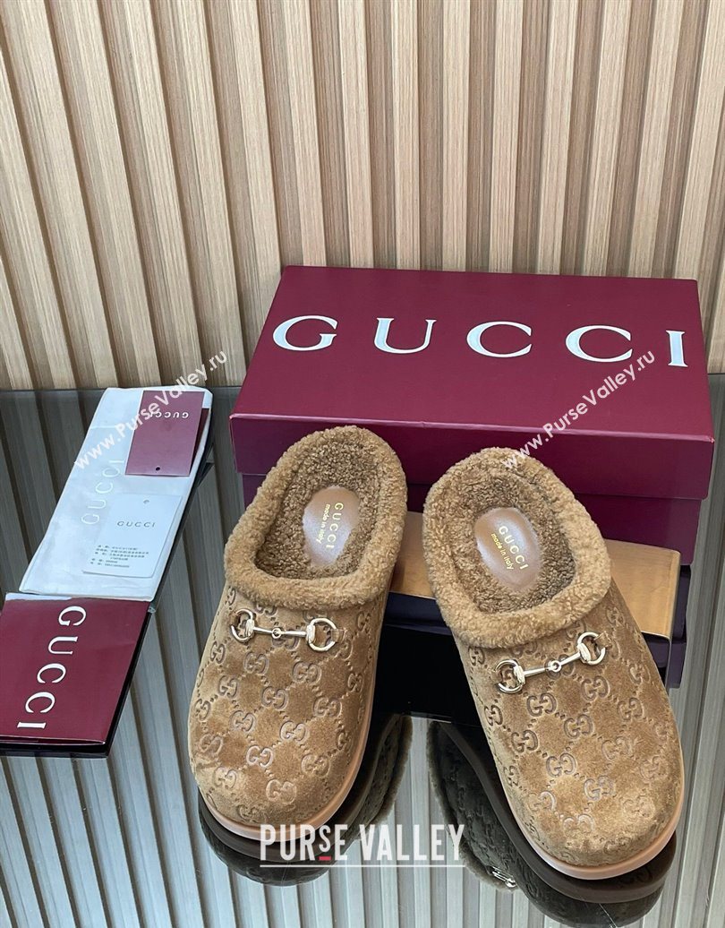 Gucci GG Suede and Wool Flat Mules with Horsebit Brown 2025 836057 (MD-251020005)