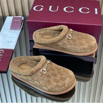 Gucci GG Suede and Wool Flat Mules with Horsebit Brown 2025 836057 (MD-251020005)
