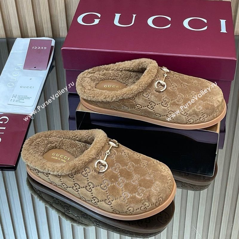 Gucci GG Suede and Wool Flat Mules with Horsebit Brown 2025 836057 (MD-251020005)