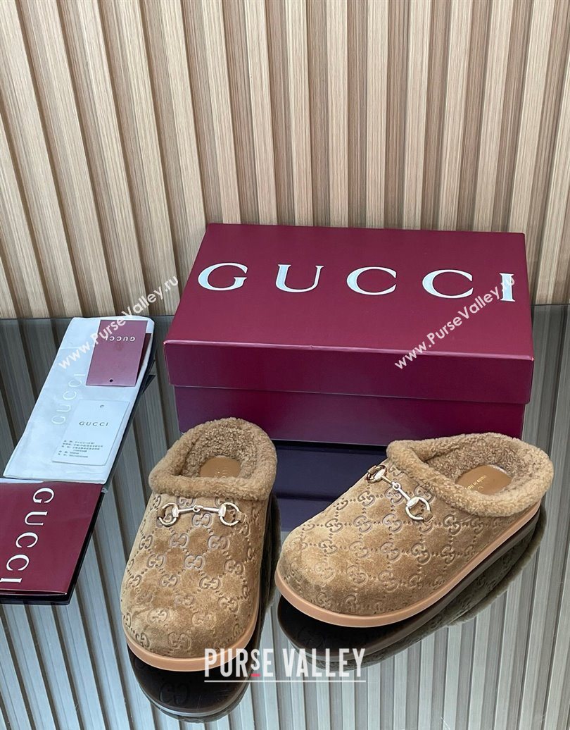 Gucci GG Suede and Wool Flat Mules with Horsebit Brown 2025 836057 (MD-251020005)