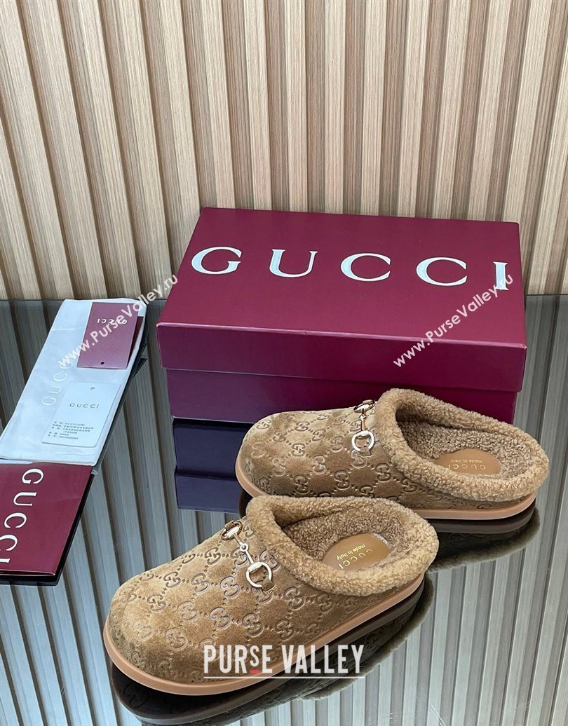 Gucci GG Suede and Wool Flat Mules with Horsebit Brown 2025 836057 (MD-251020005)