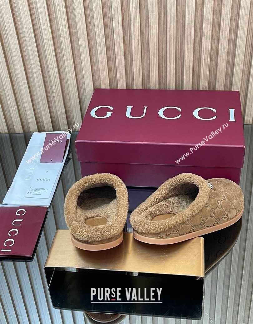 Gucci GG Suede and Wool Flat Mules with Horsebit Brown 2025 836057 (MD-251020005)