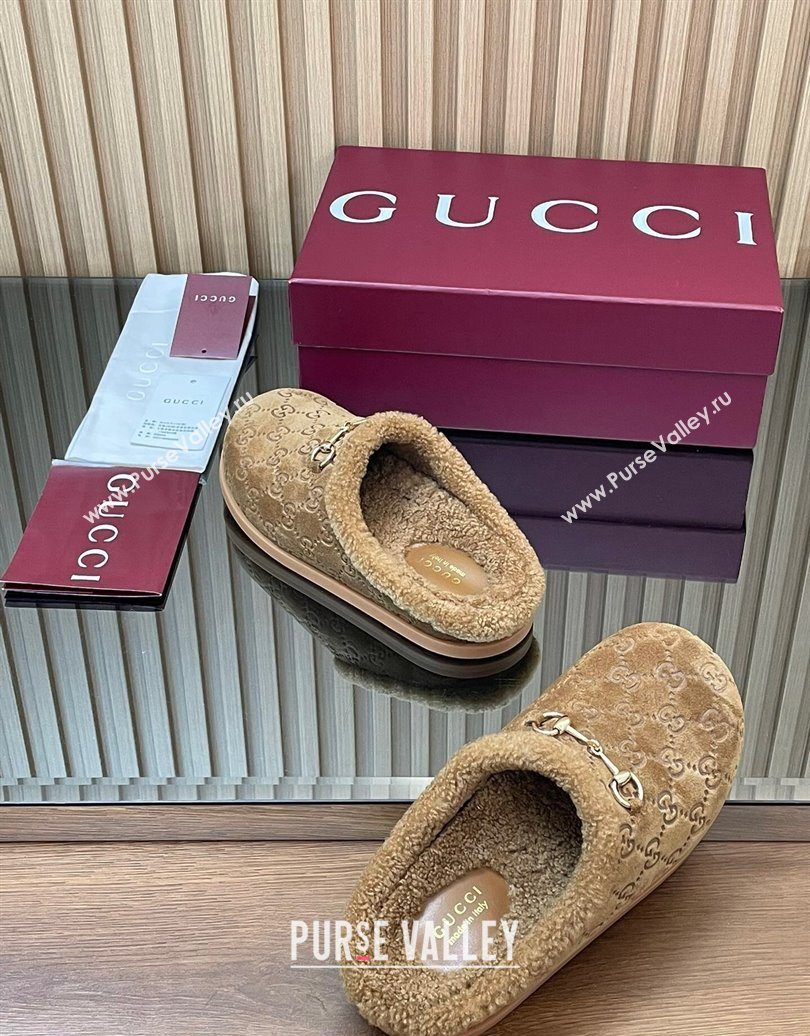Gucci GG Suede and Wool Flat Mules with Horsebit Brown 2025 836057 (MD-251020005)