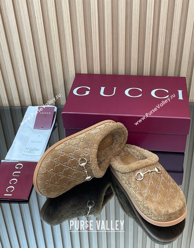 Gucci GG Suede and Wool Flat Mules with Horsebit Brown 2025 836057 (MD-251020005)