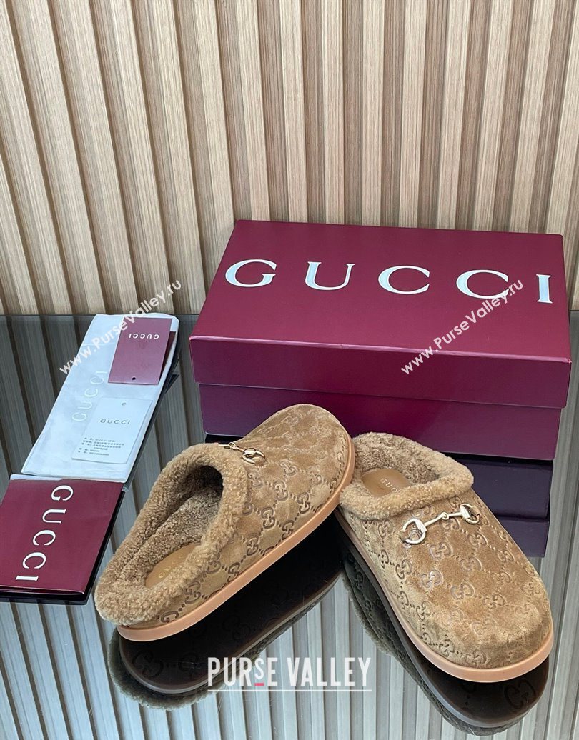 Gucci GG Suede and Wool Flat Mules with Horsebit Brown 2025 836057 (MD-251020005)