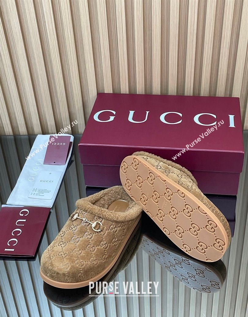 Gucci GG Suede and Wool Flat Mules with Horsebit Brown 2025 836057 (MD-251020005)