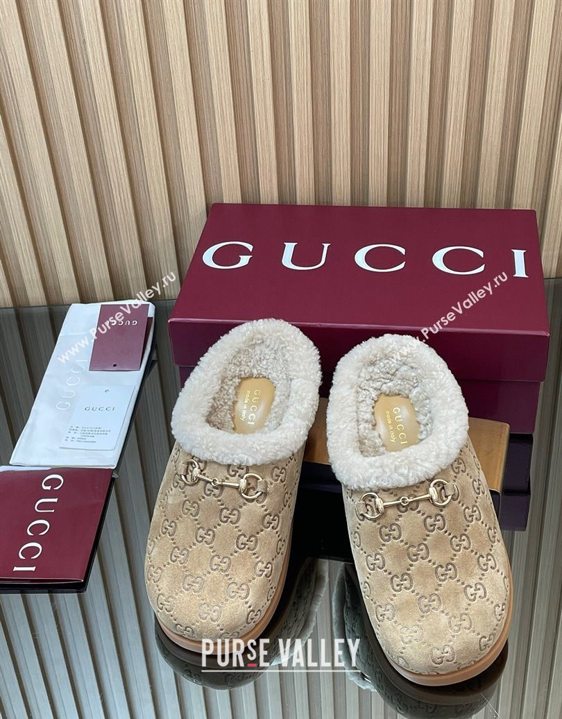 Gucci GG Suede and Wool Flat Mules with Horsebit Beige 2025 836057 (MD-251020006)