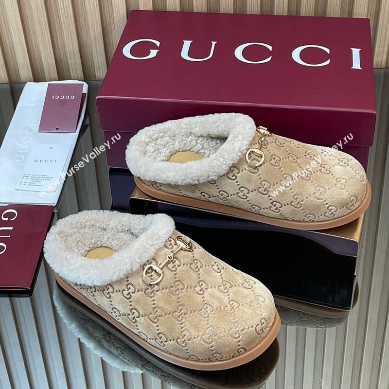 Gucci GG Suede and Wool Flat Mules with Horsebit Beige 2025 836057 (MD-251020006)