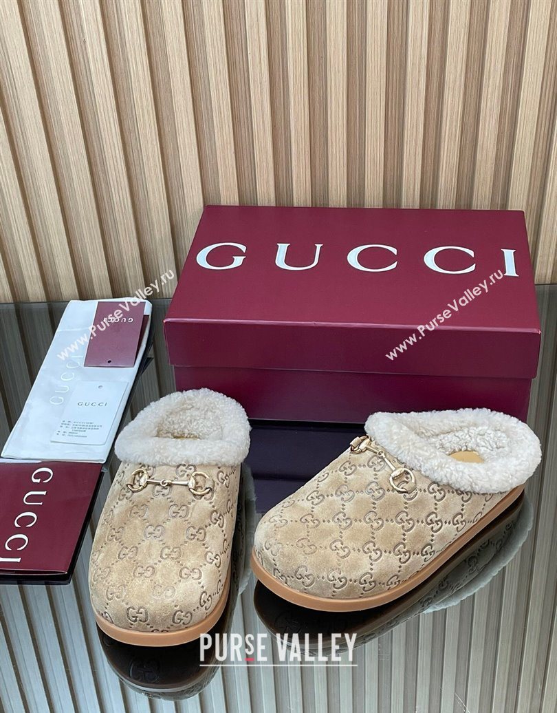 Gucci GG Suede and Wool Flat Mules with Horsebit Beige 2025 836057 (MD-251020006)