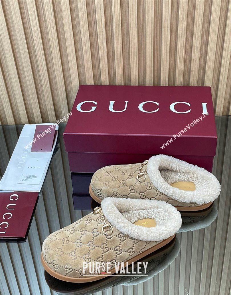 Gucci GG Suede and Wool Flat Mules with Horsebit Beige 2025 836057 (MD-251020006)