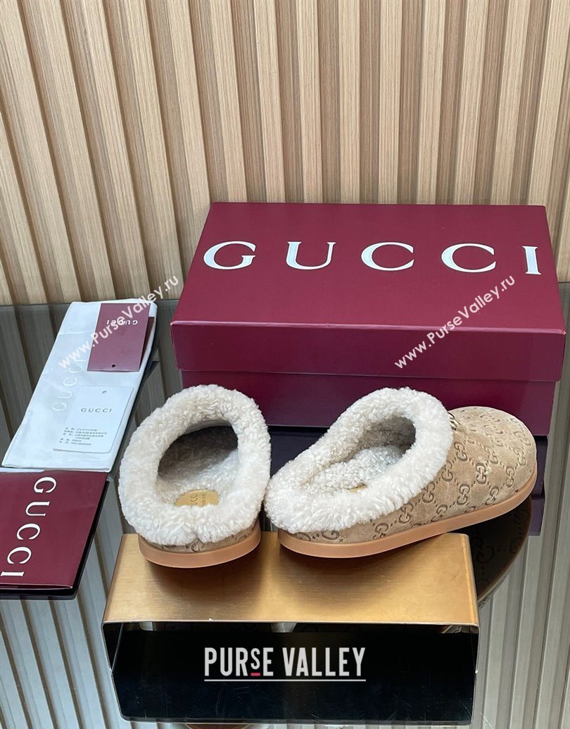 Gucci GG Suede and Wool Flat Mules with Horsebit Beige 2025 836057 (MD-251020006)