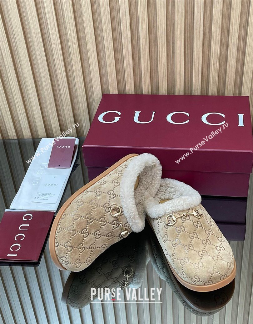 Gucci GG Suede and Wool Flat Mules with Horsebit Beige 2025 836057 (MD-251020006)