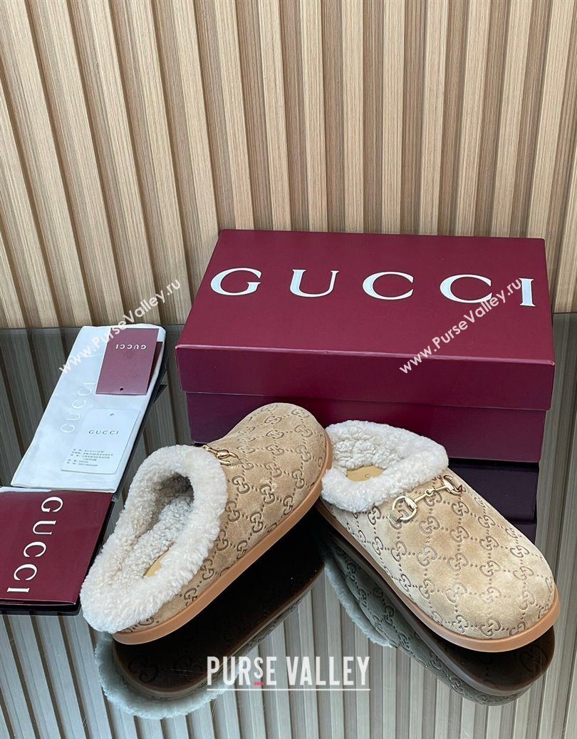 Gucci GG Suede and Wool Flat Mules with Horsebit Beige 2025 836057 (MD-251020006)