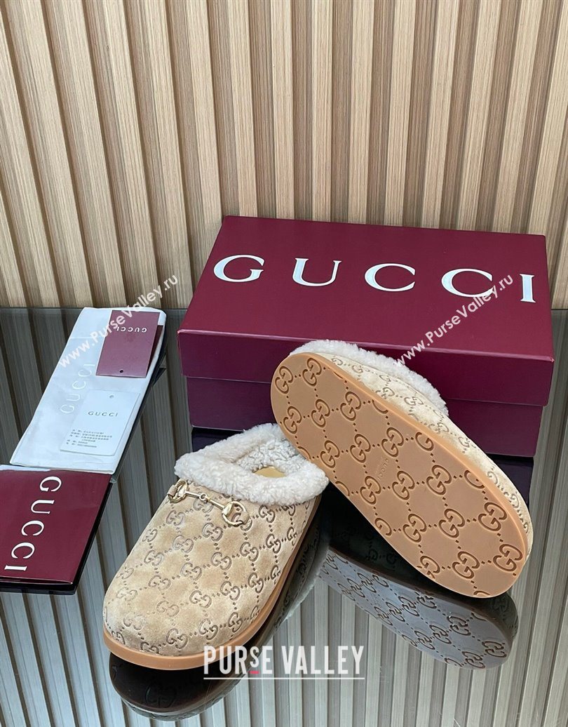 Gucci GG Suede and Wool Flat Mules with Horsebit Beige 2025 836057 (MD-251020006)